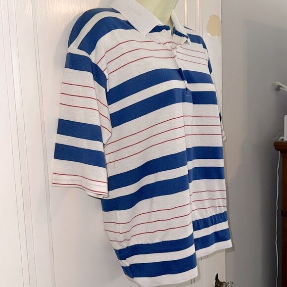 Vintage 70s/80s Hands Off Red, White & Blue Striped Polo Shirt/Ribbed Fitted Hem - Picture 5 of 8